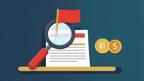 A finance manager reviewing a vendor W-9 form with a magnifying glass before approving a payment