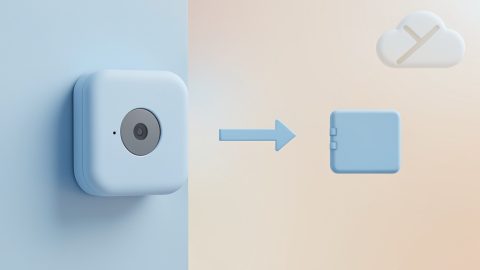 Conceptual illustration of a video doorbell recording to a local storage card and home hub instead of a cloud, evoking subscription-free footage