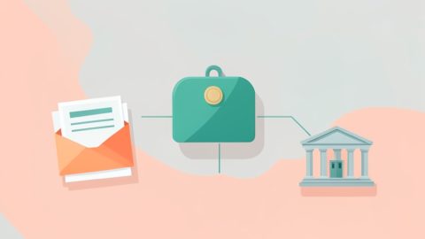 A central address hub linked to envelopes, an official document with a seal, and a bank building
