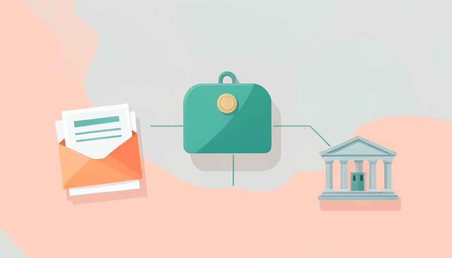 A central address hub linked to envelopes, an official document with a seal, and a bank building