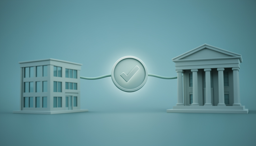 Conceptual illustration of a small office building icon linked to a bank building by a verification checkmark, evoking business address checks for banking