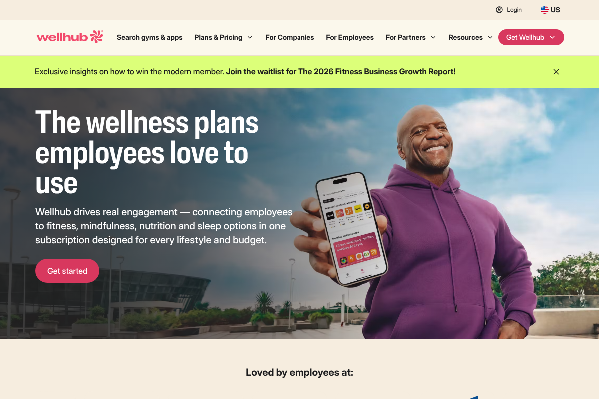 Wellhub homepage showing flexible access to many gyms and studios through one membership