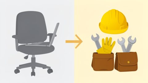 Conceptual illustration of an office desk chair beside a set of trade tools and a hard hat, evoking a career switch from office work to skilled trades