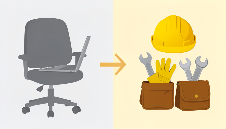Conceptual illustration of an office desk chair beside a set of trade tools and a hard hat, evoking a career switch from office work to skilled trades