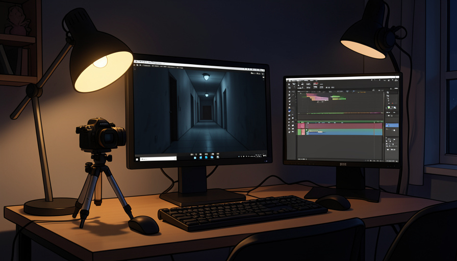 Conceptual illustration of a young creator's desk with a camera, monitor showing an eerie hallway, and editing tools in a dim room