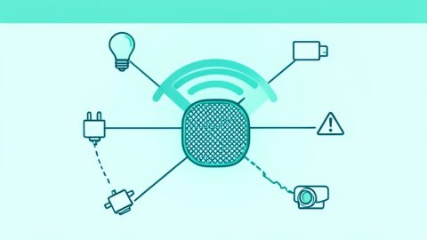 Conceptual illustration of a mesh router node with WiFi signal arcs and small smart home device icons, one showing a broken connection, evoking a 2.4 GHz device dropping off