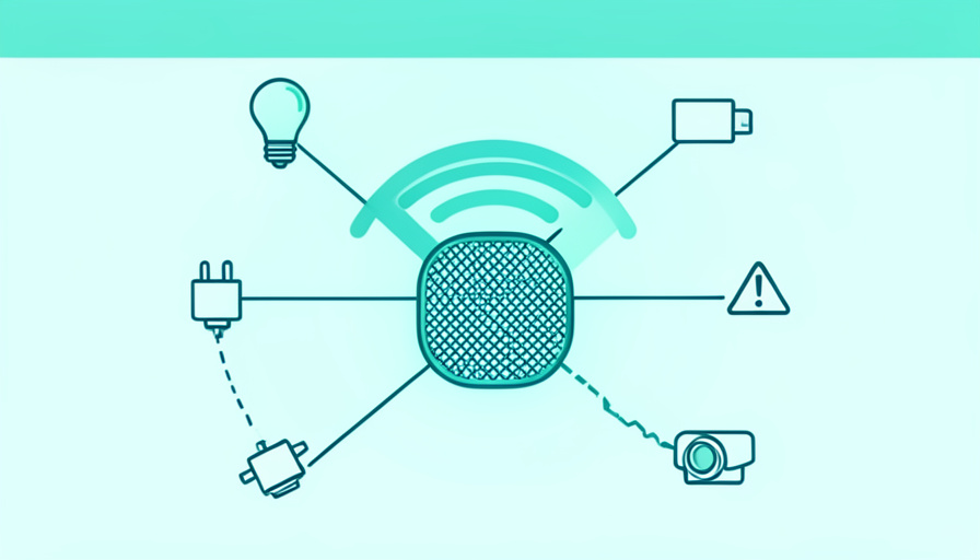 Conceptual illustration of a mesh router node with WiFi signal arcs and small smart home device icons, one showing a broken connection, evoking a 2.4 GHz device dropping off
