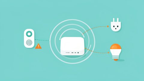 A smart speaker, plug, and bulb connected to a WiFi 7 router, with one device showing an offline warning icon