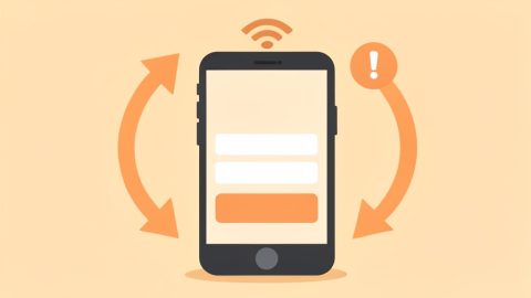 Conceptual illustration of a phone showing a blank sign-in page circled by endless refresh-loop arrows next to a Wi-Fi symbol and a warning mark, evoking a captive portal stuck in a loop
