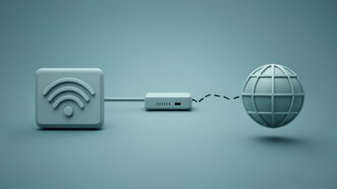 Conceptual illustration of a full WiFi signal icon connected to a device but a broken link to a globe, evoking connected WiFi with no working internet
