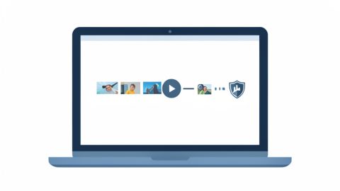A laptop showing a timeline of snapshot thumbnails with a privacy shield icon