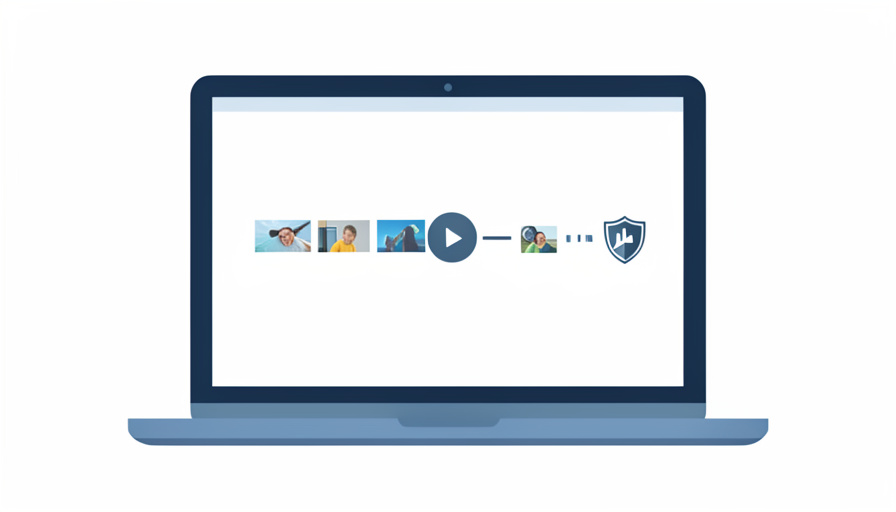 A laptop showing a timeline of snapshot thumbnails with a privacy shield icon