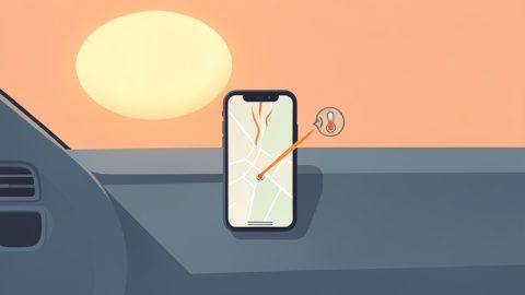 A phone on a car dashboard showing a map with heat waves and a thermometer, sun through the windshield, and an AC vent