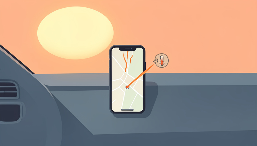A phone on a car dashboard showing a map with heat waves and a thermometer, sun through the windshield, and an AC vent