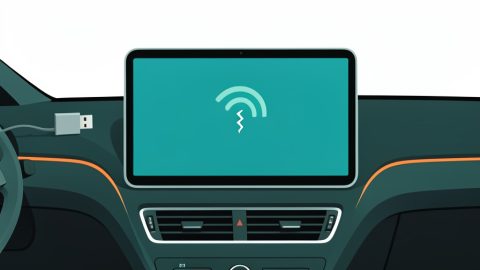 Conceptual illustration of a car dashboard screen linked to a phone by a small adapter box with a broken wireless-signal symbol, evoking a wireless CarPlay adapter that keeps disconnecting