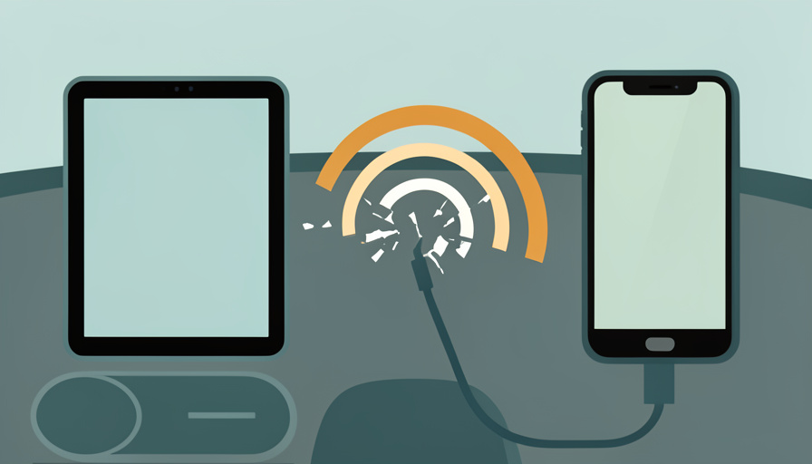 Conceptual illustration of a car dashboard screen and a phone joined by a USB cable while a wireless signal wave between them breaks apart, evoking an unstable CarPlay link