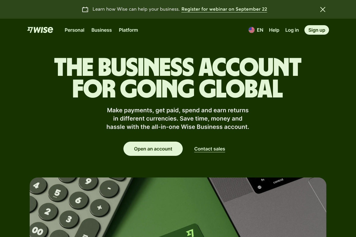 Wise Business account page, a multi-currency option freelancers use to invoice and get paid
