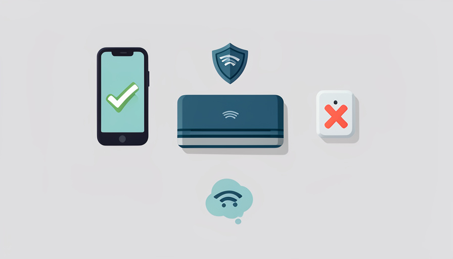 A router with a security shield, a phone connecting with a green check, an older smart plug with a red X, and a second network