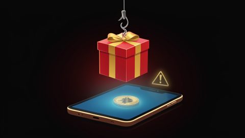 Conceptual illustration of a glowing gift box on a hook over a smartphone, symbolizing a giveaway scam lure
