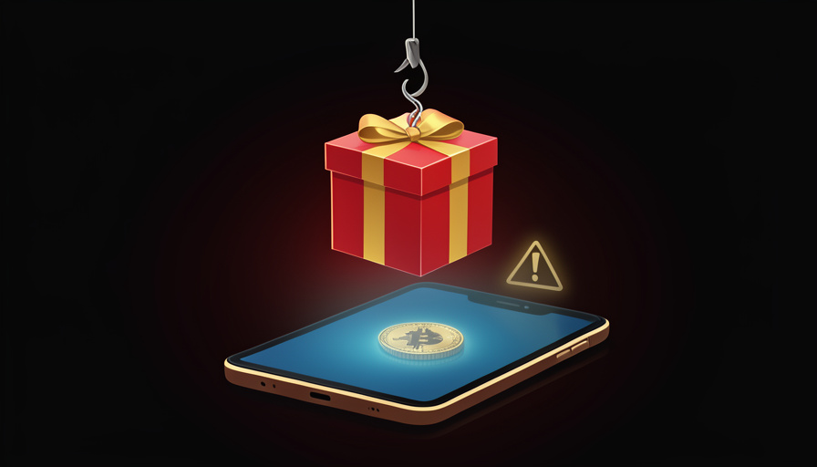 Conceptual illustration of a glowing gift box on a hook over a smartphone, symbolizing a giveaway scam lure