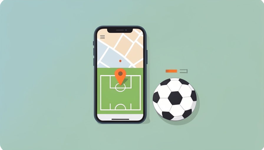 A phone showing a sports app with a location pin over a soccer field, a soccer ball, and a privacy toggle
