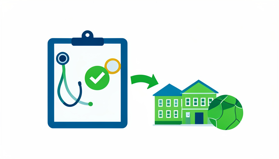 A medical clipboard with a stethoscope and checkmark, a whistle and ball, and two schools with a transfer arrow