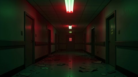Conceptual illustration of a dim biohazard-lit hospital corridor with an emergency light, evoking survival horror atmosphere