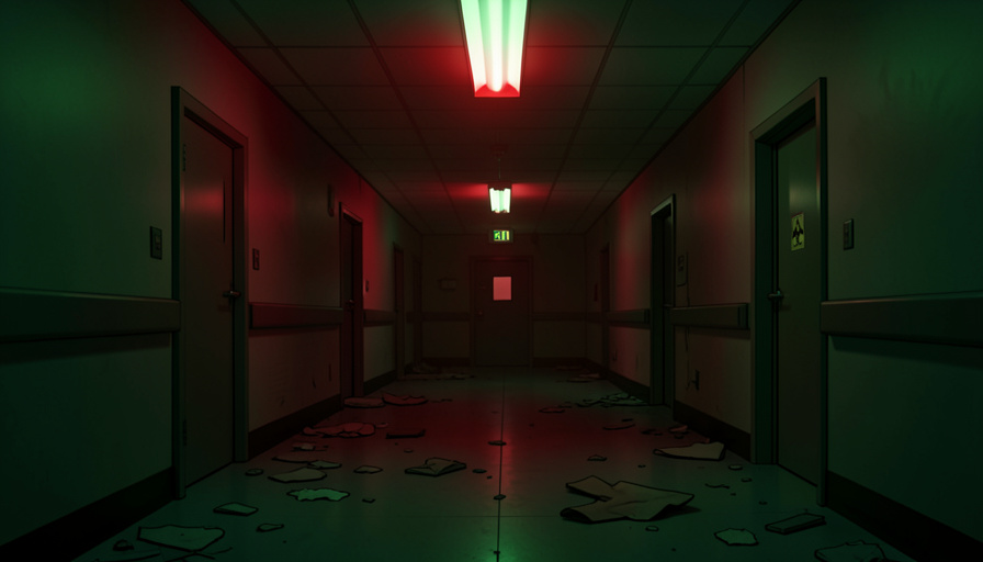 Conceptual illustration of a dim biohazard-lit hospital corridor with an emergency light, evoking survival horror atmosphere