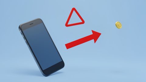 Conceptual illustration of money moving instantly from a phone with a warning triangle, evoking an irreversible P2P payment to a scammer