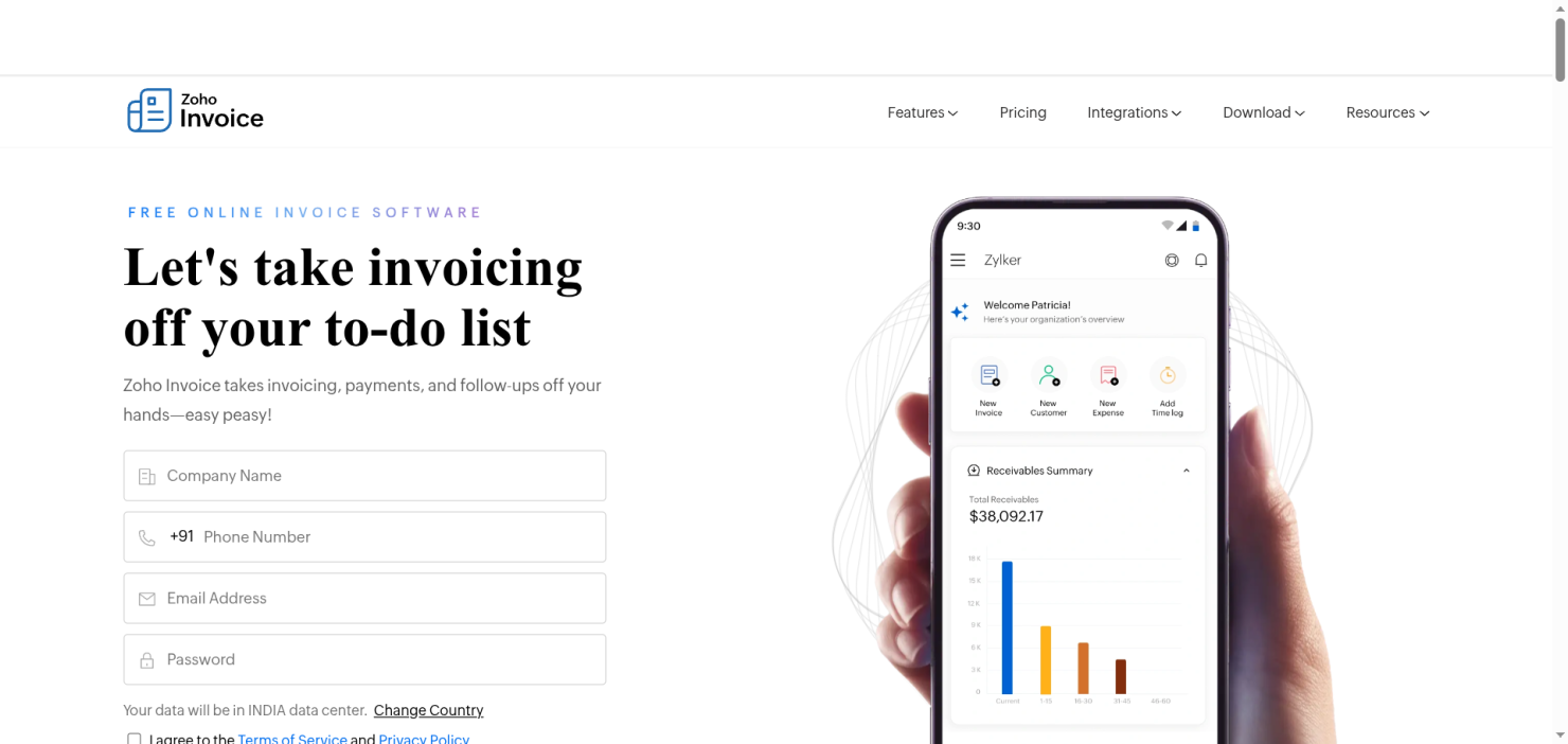 Zoho Invoice product page, an invoicing tool that includes a purchase order reference field