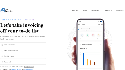 Zoho Invoice product page, an invoicing tool that includes a purchase order reference field