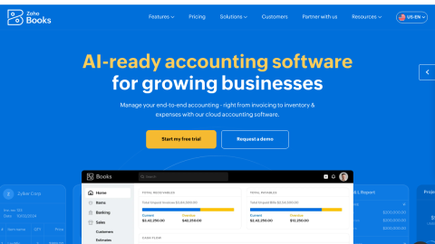 Zoho Books accounting software homepage