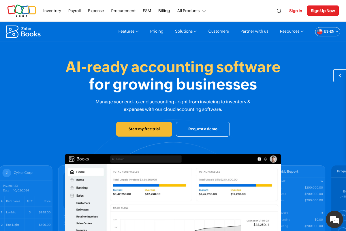 Zoho Books accounting software homepage
