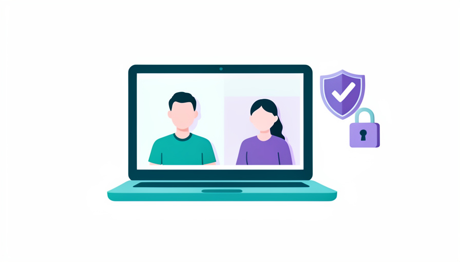 A laptop showing a two-person video call with a privacy shield and padlock