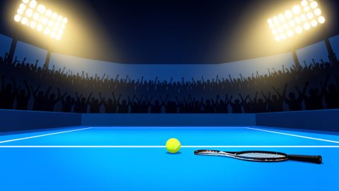 Conceptual illustration of a tennis ball and racket on a blue hard court under bright stadium lights with an empty roaring-arena silhouette