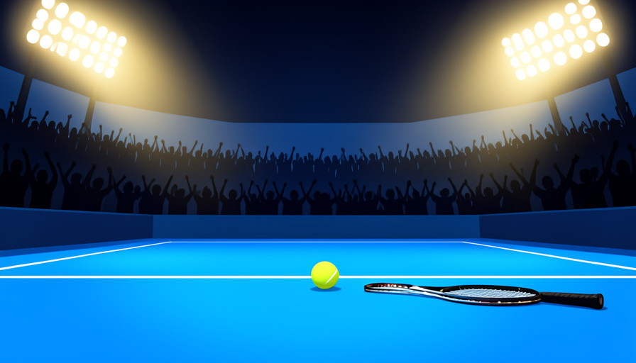 Conceptual illustration of a tennis ball and racket on a blue hard court under bright stadium lights with an empty roaring-arena silhouette